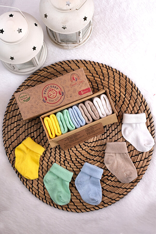 poffibaby Organik Pamuk Unisex 5'li Kutulu Premium Yeni Doğan Bebek Çorabı