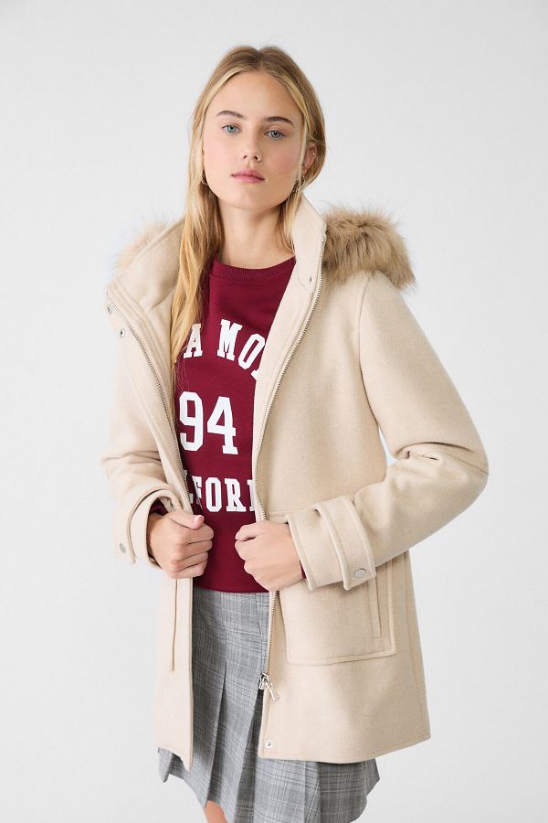 Stradivarius Midi coat with faux fur hood Trendyol
