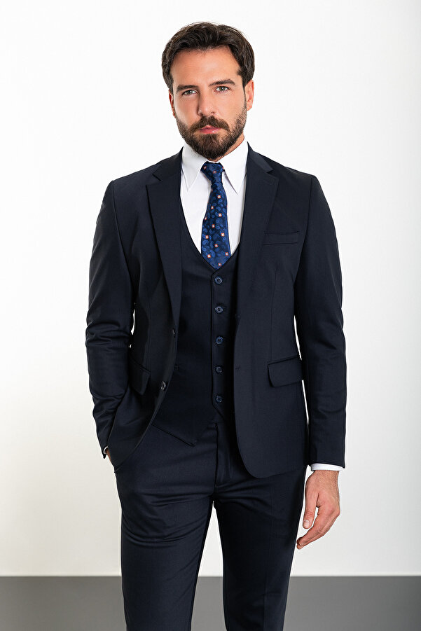 Mcr Straight Slim Fit Mono Collar Classic Men's Suit Navy Blue