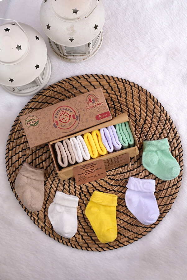poffibaby Organik Pamuk Unisex 5'li Kutulu Premium Yenidoğan Bebek Çorabı