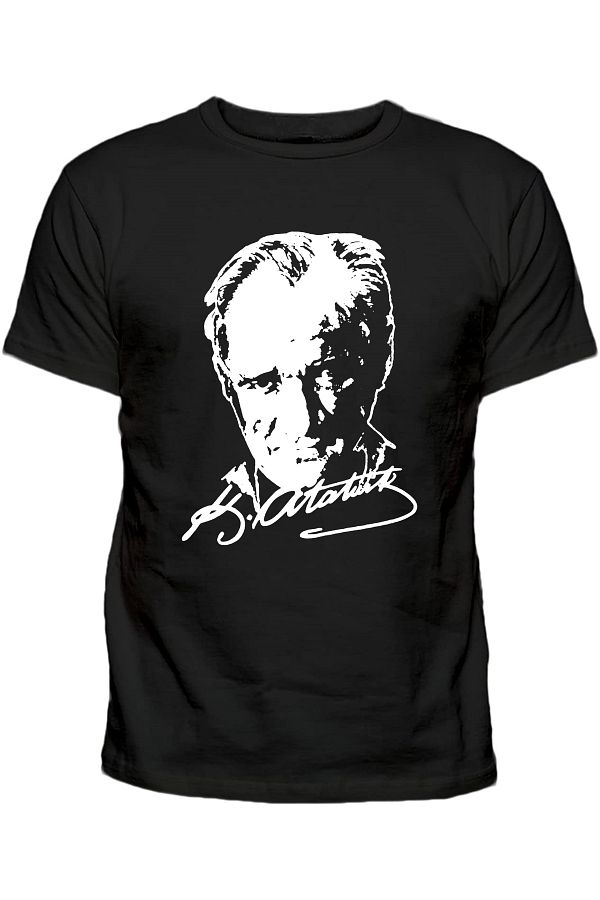 Efendioğlu Design-Silhout and Signature Ataturk Printed Children's Cotton Black T-Shirt 1
