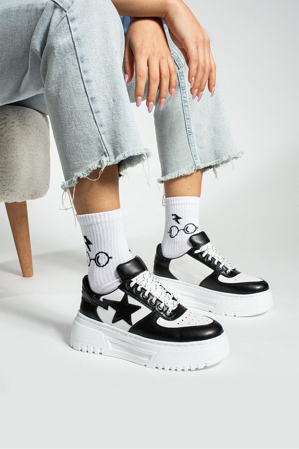 EDVESS Black Thick Heel Star Patterned Unisex Lace Up Sneakers Trendyol