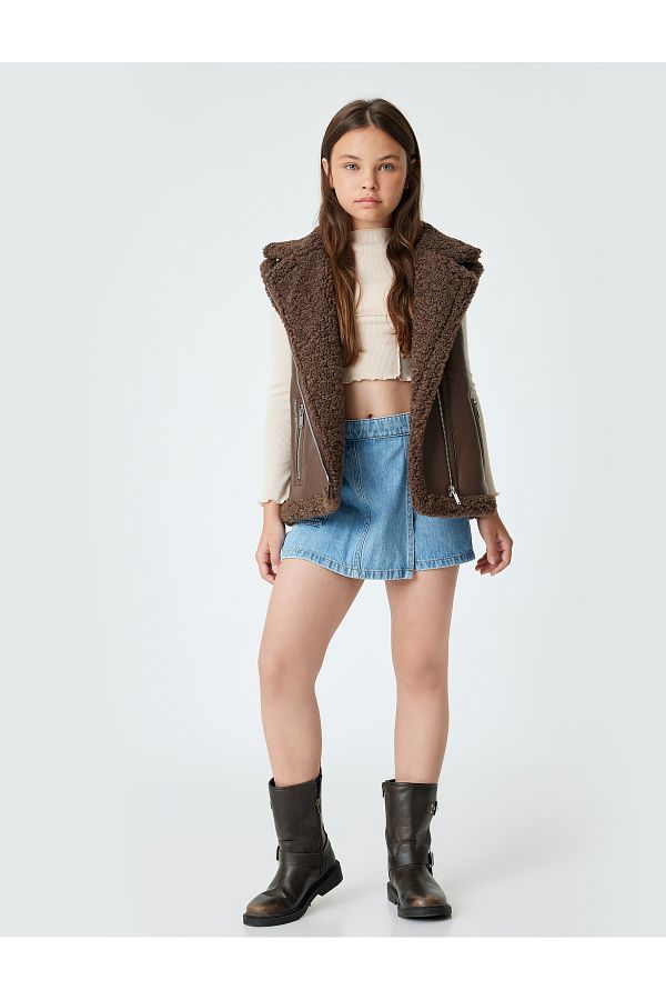 Koton-Plush Detailed Zippered Faux Leather Vest 1