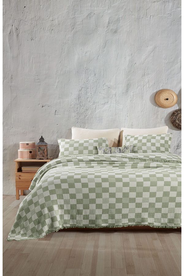 destinyhometex-Checkered Pattern 4 Layer Multi Muslin 100% Cotton Single Bedspread 160X240Cm 1