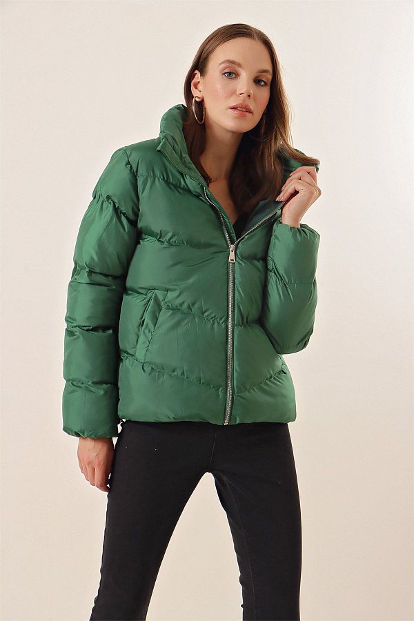 Bigdart 5205 Stand Collar Puffer Jacket with Zipper Emerald Green Trendyol