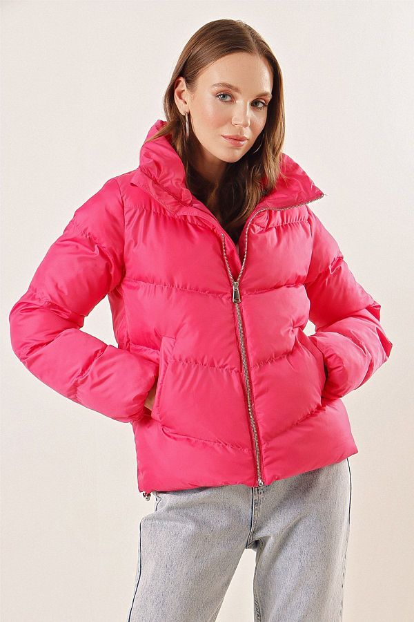 Bigdart-5205 Stand Collar Zippered Puffer Jacket - Fuchsia 1