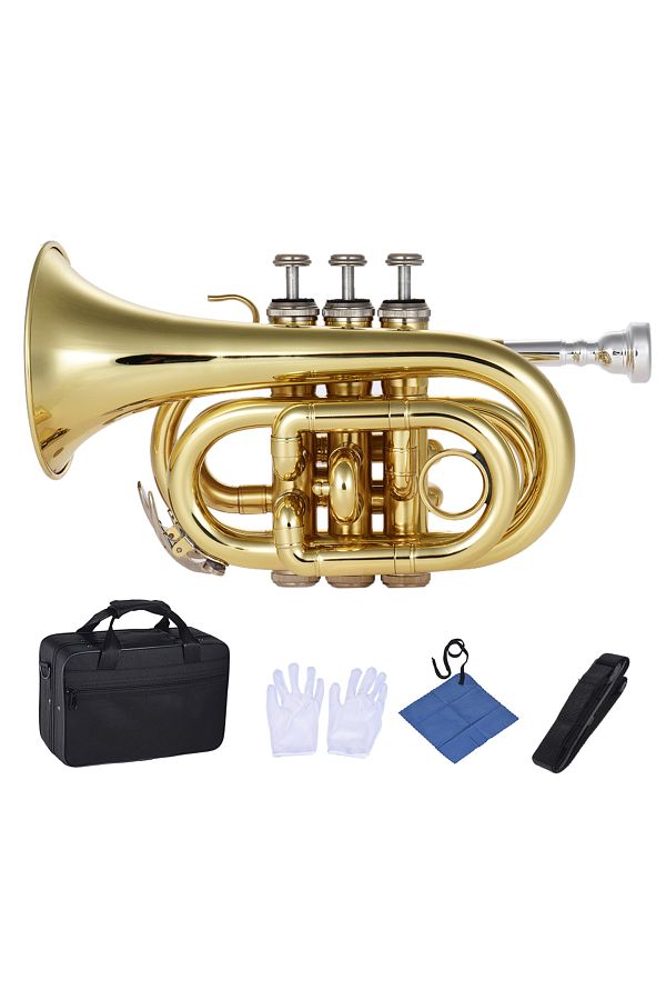 Choice Mini Pocket Trumpet Bb Flat Brass Wind Instrument with Mouthpiece Gloves Cleaning Cloth Carrying Trendyol