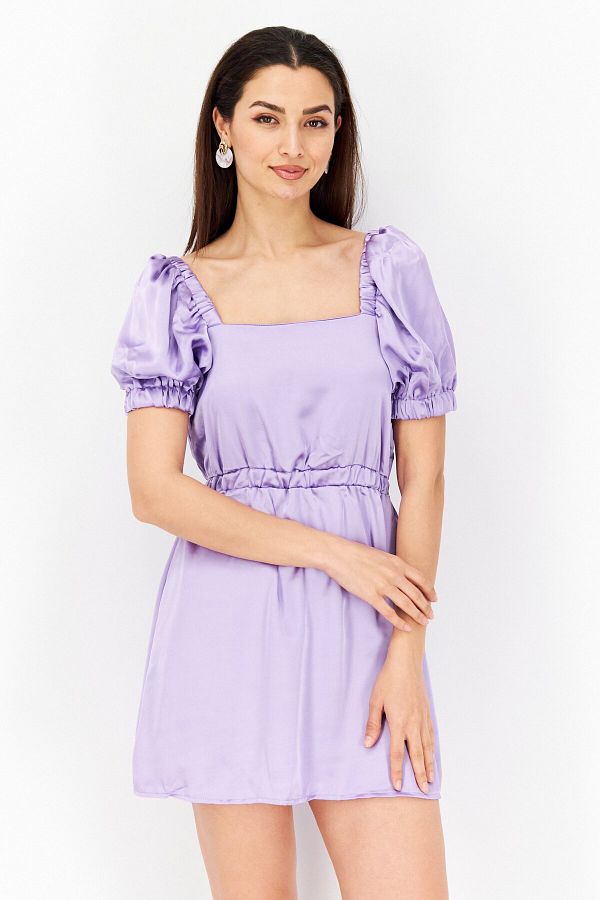 Flounce London-Women Petite Satin Plain Mini Dress, Purple 1