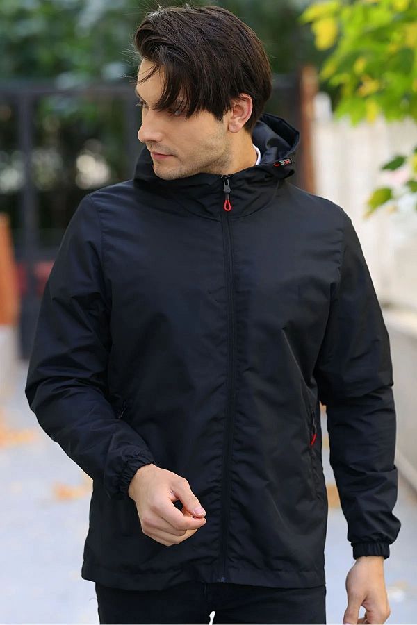 D1fference Men s Black Lined Windproof Hooded Pocket Raincoat Trendyol