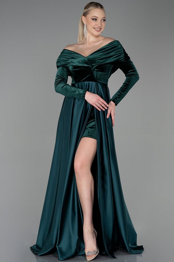 Abiyefon Emerald Green Velvet Long Sleeve Taffeta Evening Dress Abu2083 Trendyol