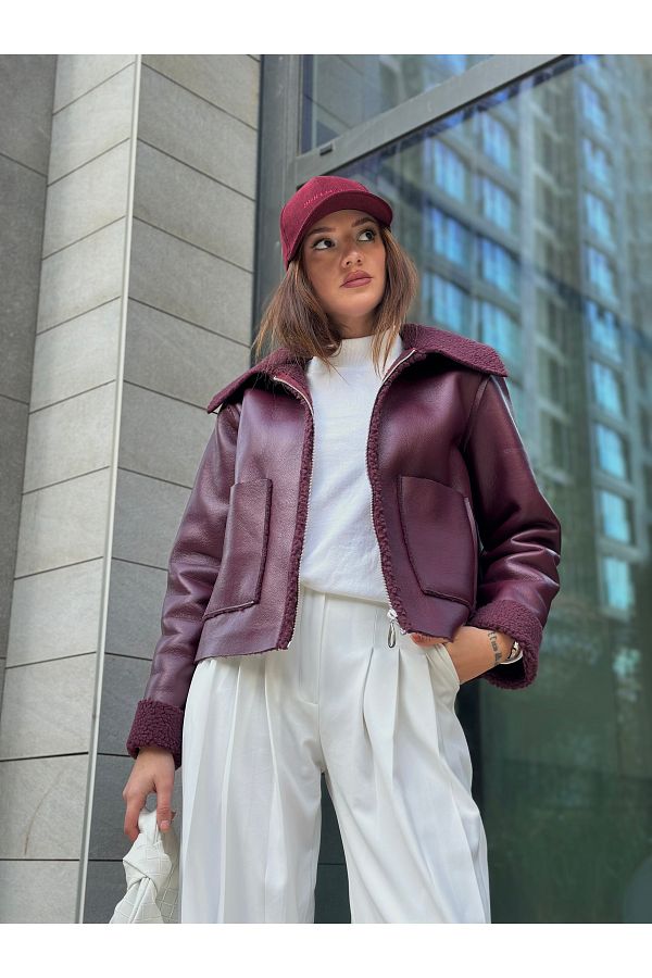 madamedoyou Women s Burgundy Leather Biker Coat with Wool Inside Trendyol