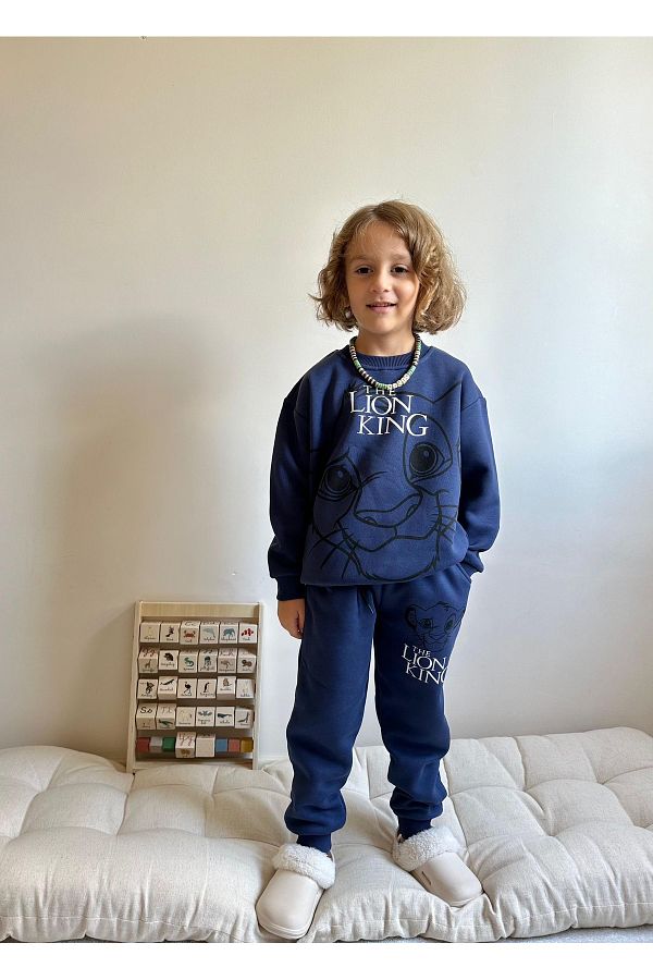 SACRO KİDS-Lion King Printed Boys' Winter Suit - 3 Thread Raised Tracksuit-Sweatshirt 1