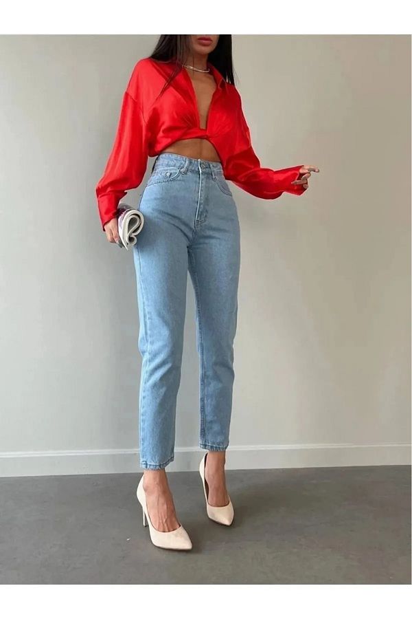 SANTA BELLA-Blugi de damă cu talie înaltă - Blugi Boyfriend albastru deschis 1