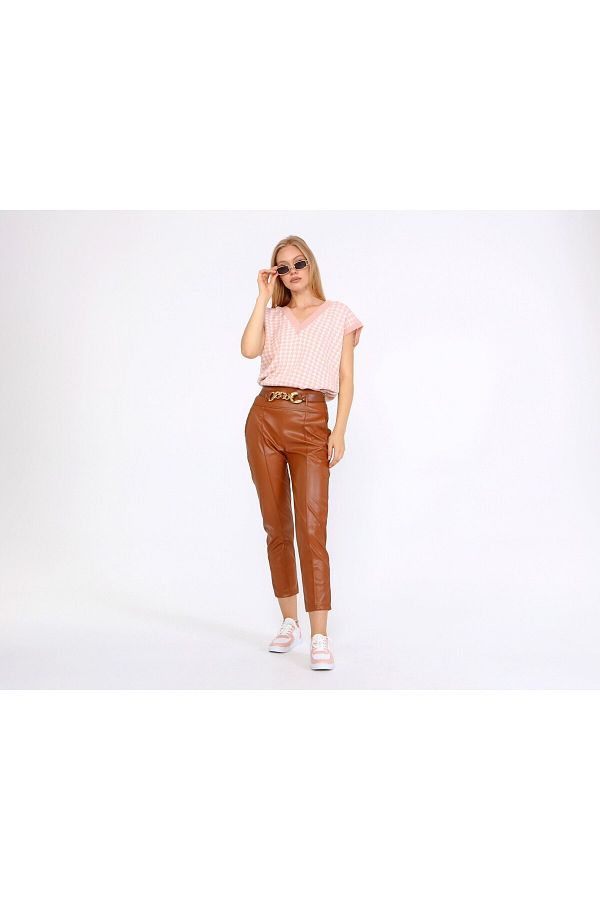 OUZ Fashion-Women's Leather Corsage Pants - Chain Belt Gift 1