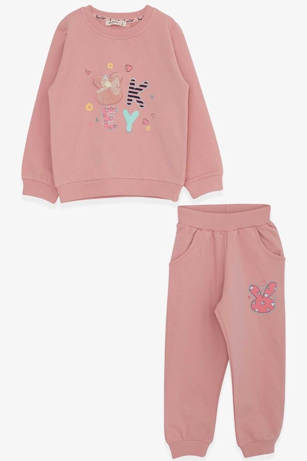 Breeze Kız Bebek Eşofman Takımı Simli Aksesuarlı 9 Ay-3 Yaş, Gülkurusu