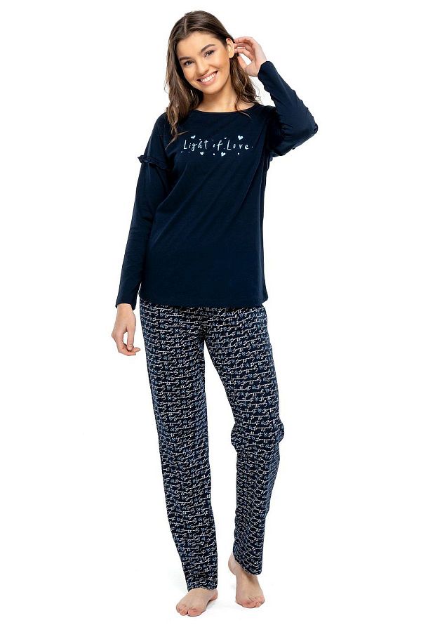 Mod Collection-3960 Women's Navy Blue Round Collar Long Sleeve Pajama Set - Navy Blue 1