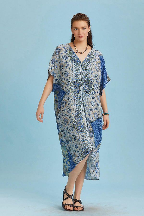 Los banditos-V-Neck Front Knotted Blue Bat Sleeve Dress 1