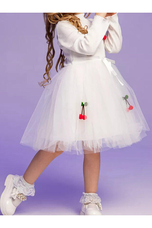 Fenomen Kids Kirazlı Tütülü Elbise Uzun Kollu