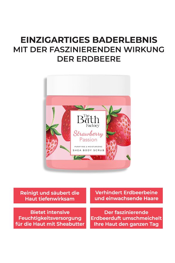 THE BATH FACTORY-Feuchtigkeitsspendendes und reinigendes Shea-Körperpeeling - Erdbeergeschmack 300gr 1