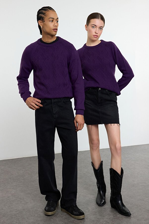 Trendyol Collection-Unisex Purple Slim Fit Crew Neck Knitwear Sweater - Tmnaw22Kz0290 1