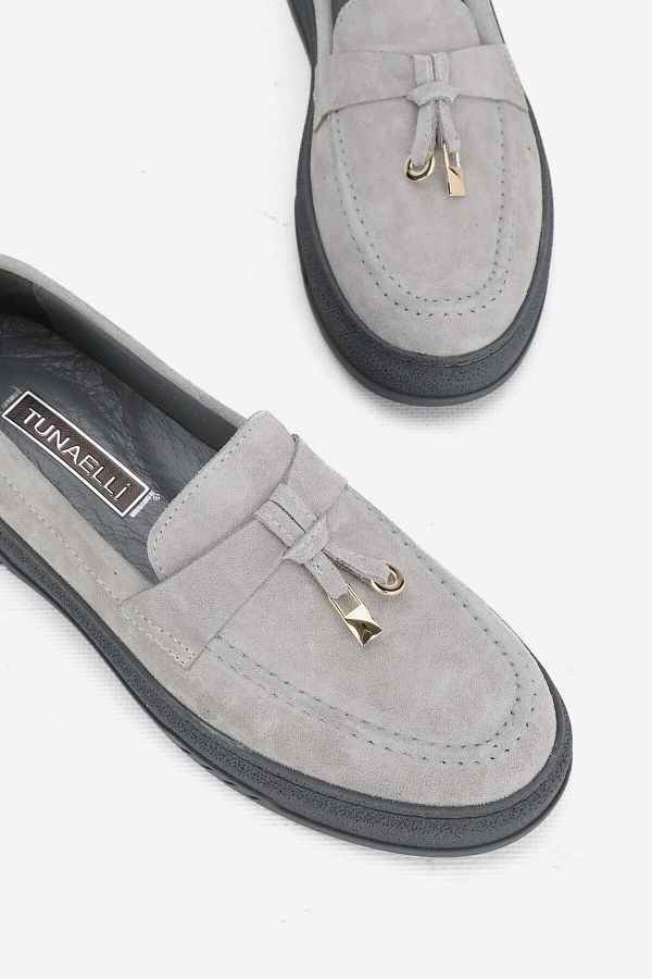 TUNAELL Women s Gray Suede Genuine Leather Flat Heels Loafer Shoes Number 36 41 Trendyol