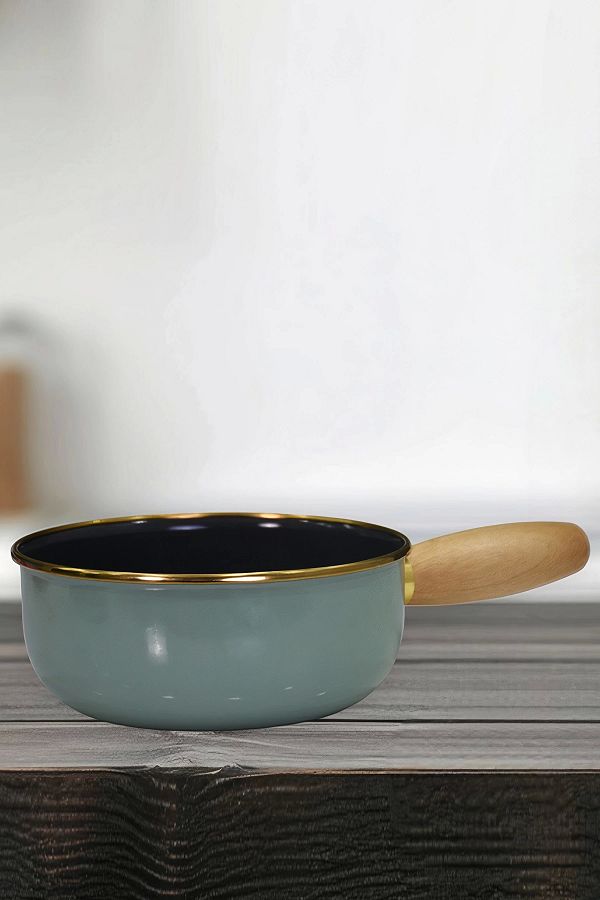 PR HOME-Soft Green Enamel Wooden Handle Boiling and Sauce Pan 16 cm 1