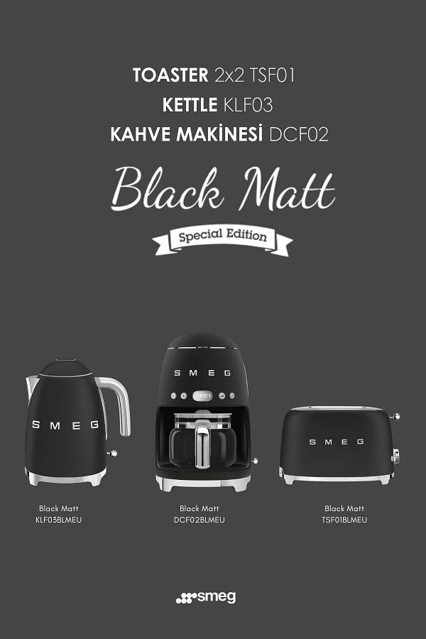 SMEG-50's Style Matte Black Toaster & Kettle & Filter Coffee Maker Set 1
