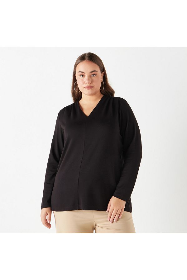 Ulla Popken Plus Size Ulla Popken V neck Top with Long Sleeves Trendyol