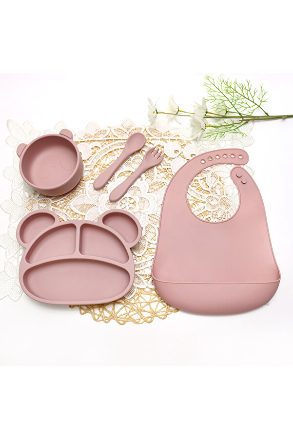 tutobaby 5 Parça %100 Silikon Bebek Beslenme Seti (VAKUMLU TABAK VE KASE-ÇATAL-KAŞIK-MAMA ÖNLÜĞÜ)pembe