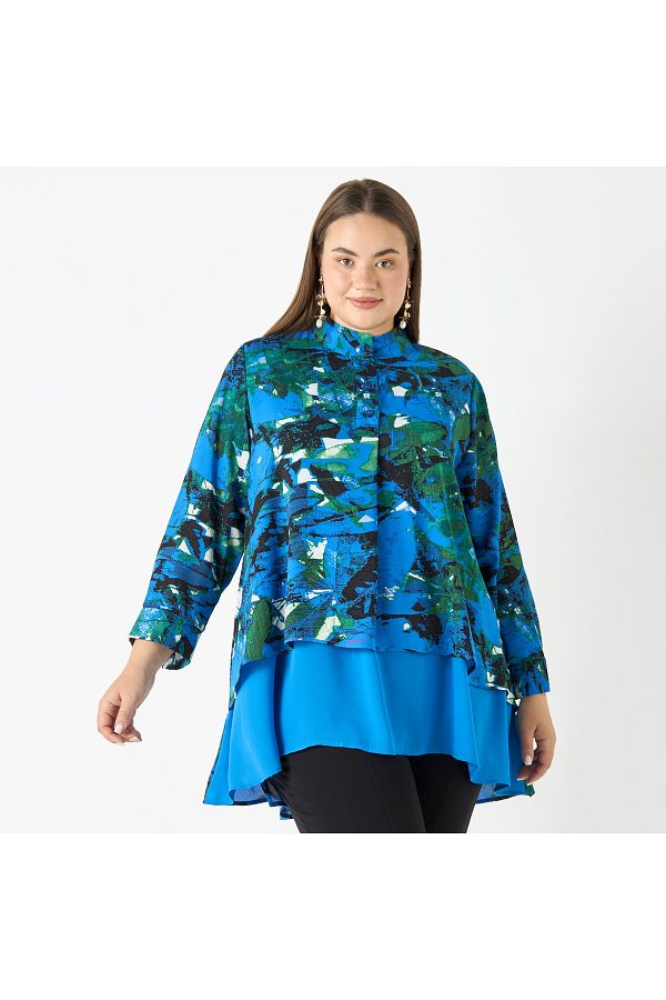 Ulla Popken-Plus Size Ulla Popken All-Over Print High Low Top with Long Sleeves 1