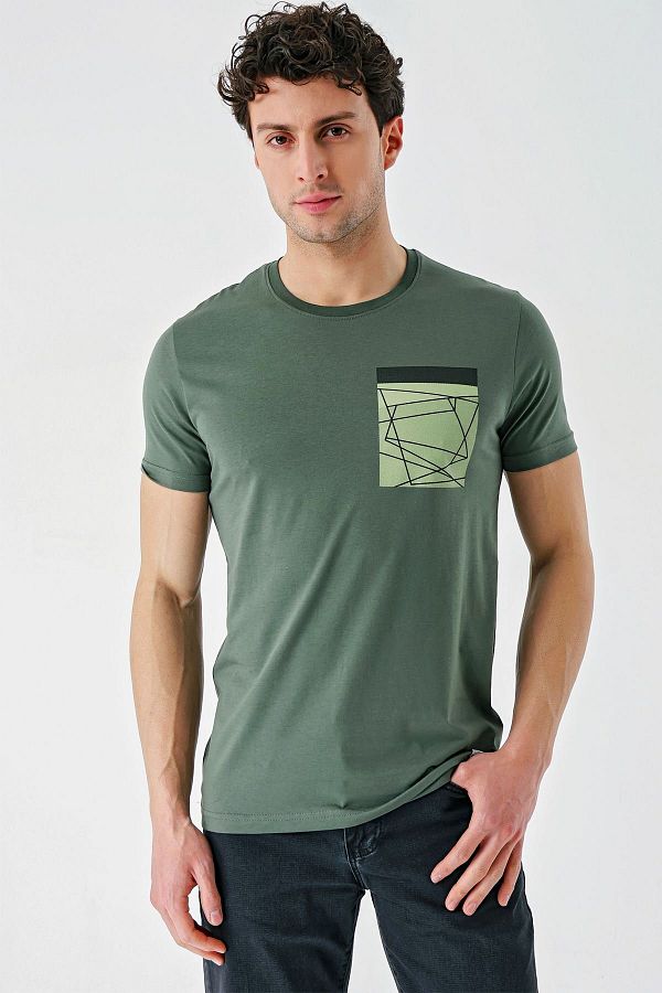 İmza-Dark Khaki Printed Cloth Foot Crew Neck 100% Cotton Casual Slim Fit Slim Fit T-Shirt1011240169 1