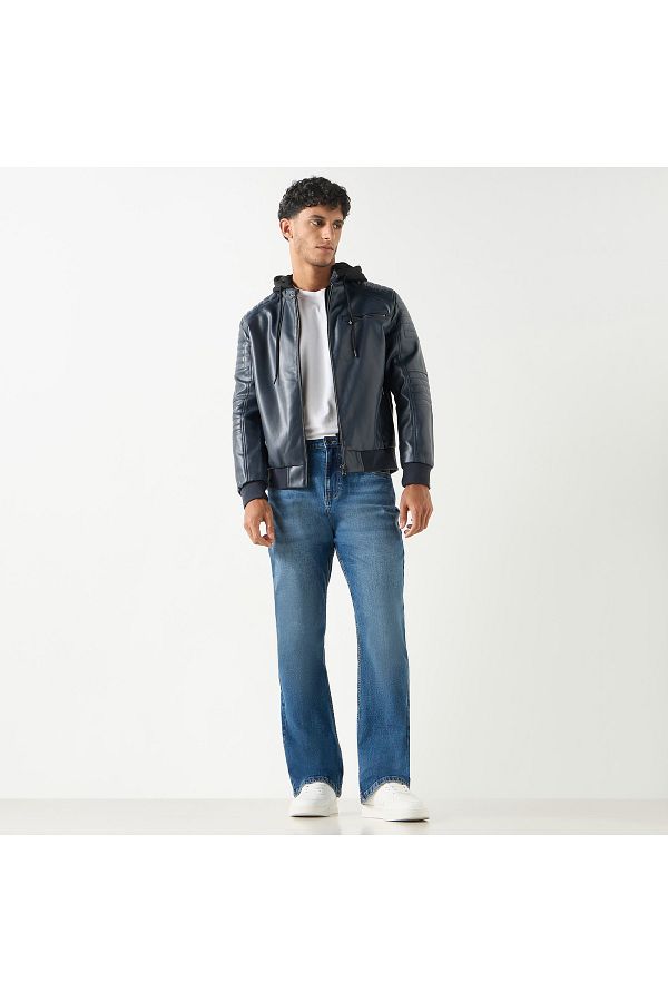 Lee Cooper Solid Zip Through Biker Jacket with Hood and Pockets Trendyol