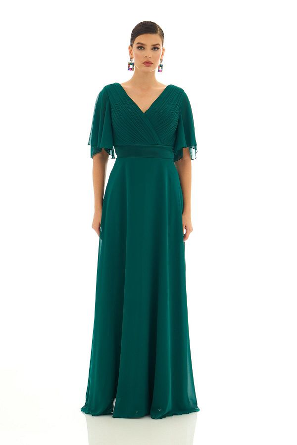 Carmen-Grünes, plissiertes langes Abendkleid aus Chiffon 1