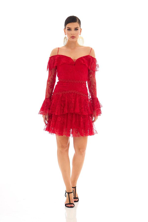 Carmen-Rochie de seară scurtă cu mânecă lungă din dantelă rosie 1