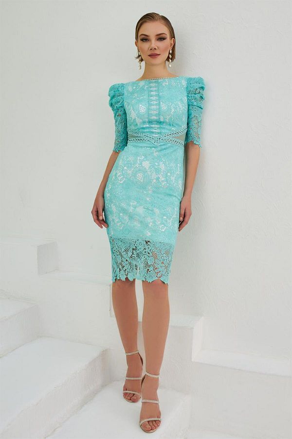 Carmen-Mint Lace Sleeve Flounce Prom Dress 1