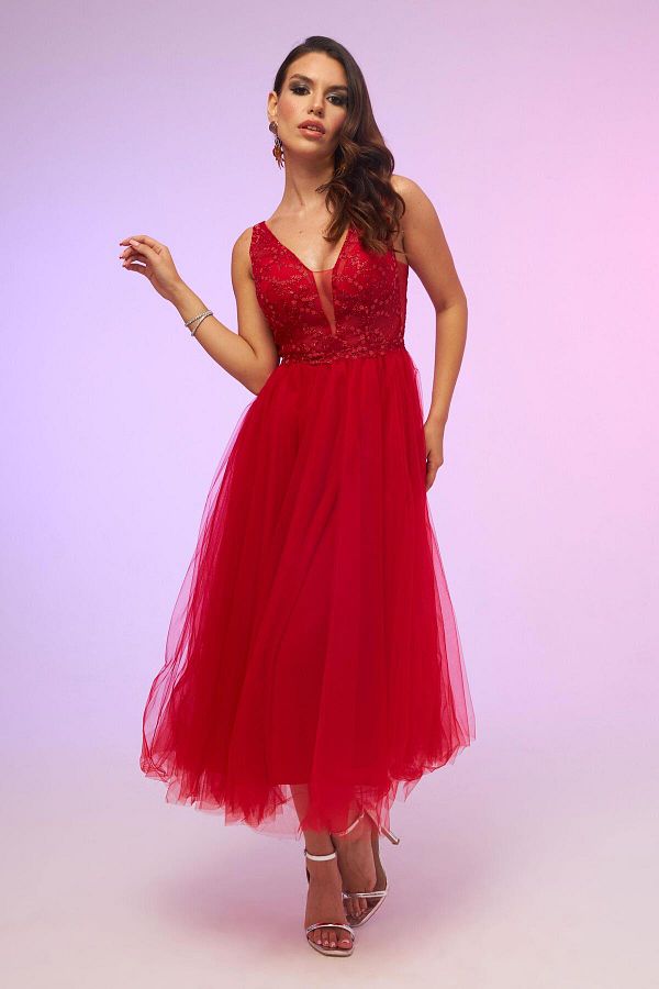Carmen-Rotes, tief sitzendes Midikleid aus Tüll 1