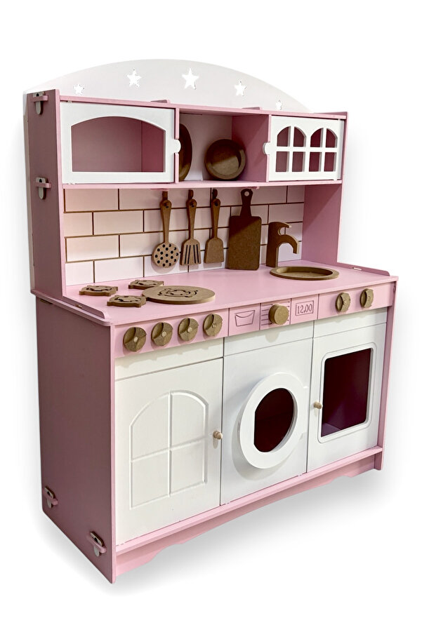 Buradadavar Hobi Ahşap Boyalı Ahşap Oyuncak Mutfak Servis Seti Pembe- Beyaz