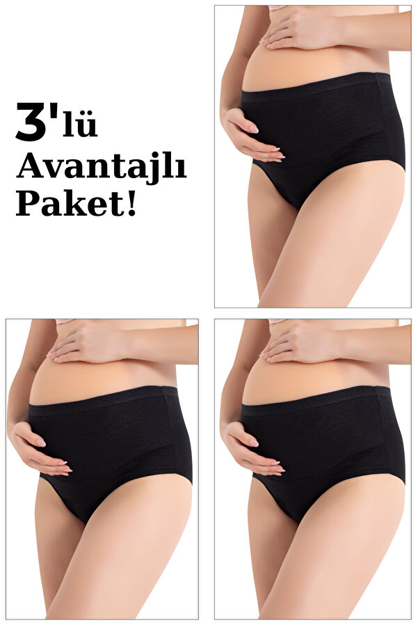 Arma Yıldız 3'lü Paket Kadın Siyah Pamuklu Likralı Yüksek Bel Hamile Lohusa Külot Esnek ve Rahat Kumaş