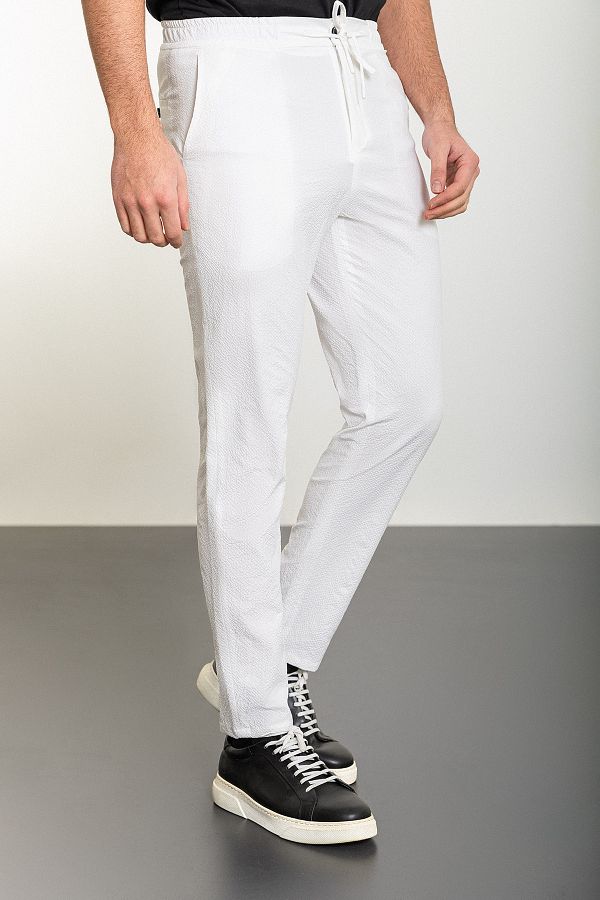 Mcr-Pantaloni pentru bărbați Seersucker cu șnur elastic în talie, în dungi Ecru 1