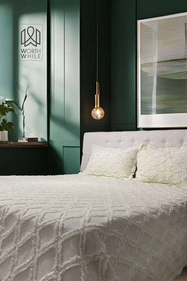 WorthWhile-Diamond Patterned Double Chenille White Bedspread Set Pique Set of 3 1