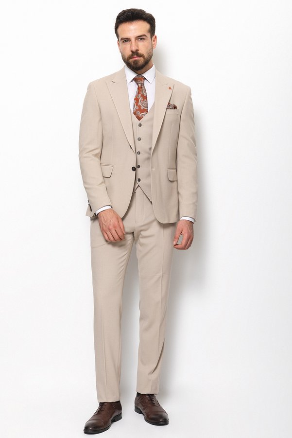 Mcr Straight Slim Fit Mono Collar Classic Men's Suit Beige - 40761.21Y