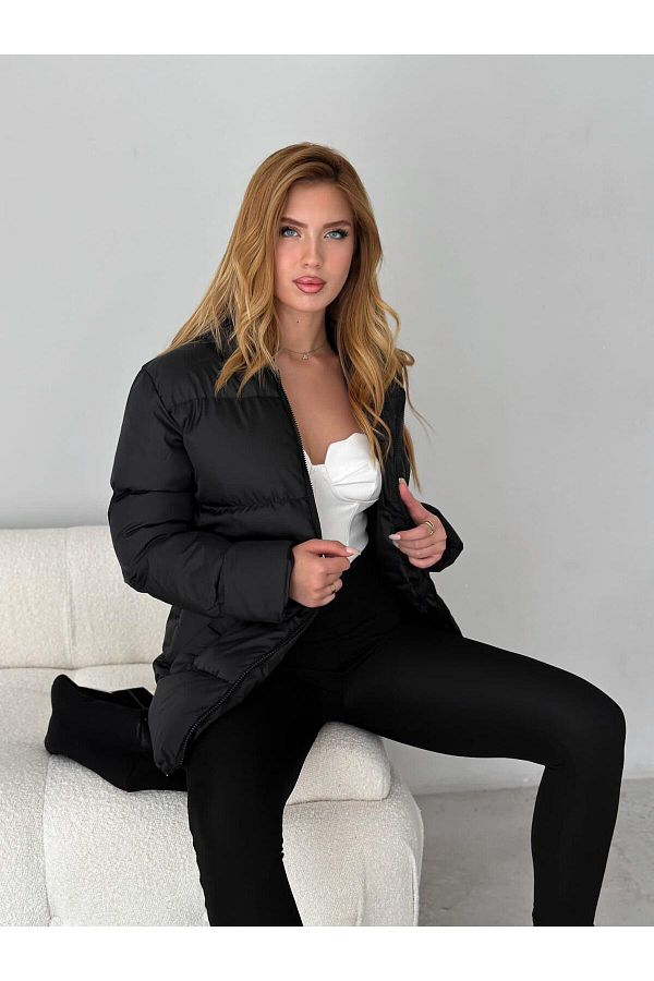 Stone-Women's Black Hooded Puffer Coat 1