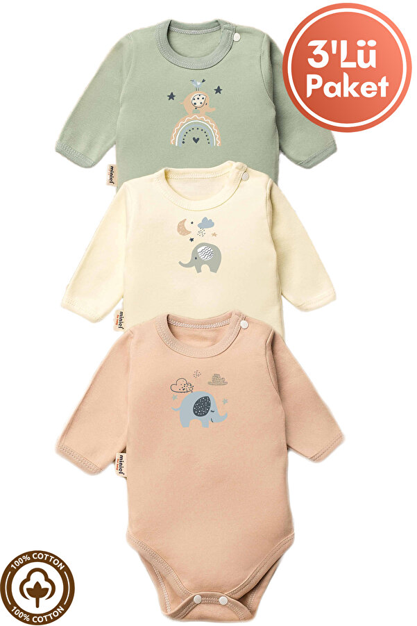 miniel organic Unisex %100 Organik Pamuklu Fil Baskılı 3-6-9-12 Ay 3Lü Uzun Kollu Bebek Body Zıbın