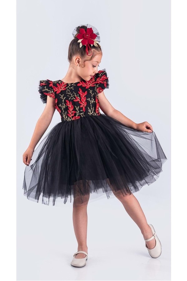 Mnk Baby&Kids Kız Çocuk Nakışlı Tütü Etek Elbise MNK0578 SİYAH - KIRMIZI