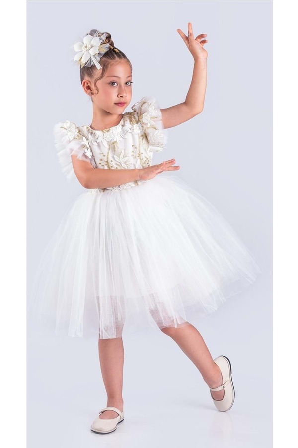 Mnk Baby&Kids Kız Çocuk Nakışlı Tütü Etek Elbise MNK0578 EKRU