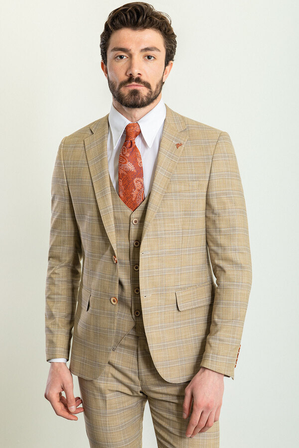 Mcr Plaid Slim Fit Jumpsuit Collar Men's Suit Beige - 45230.23Y