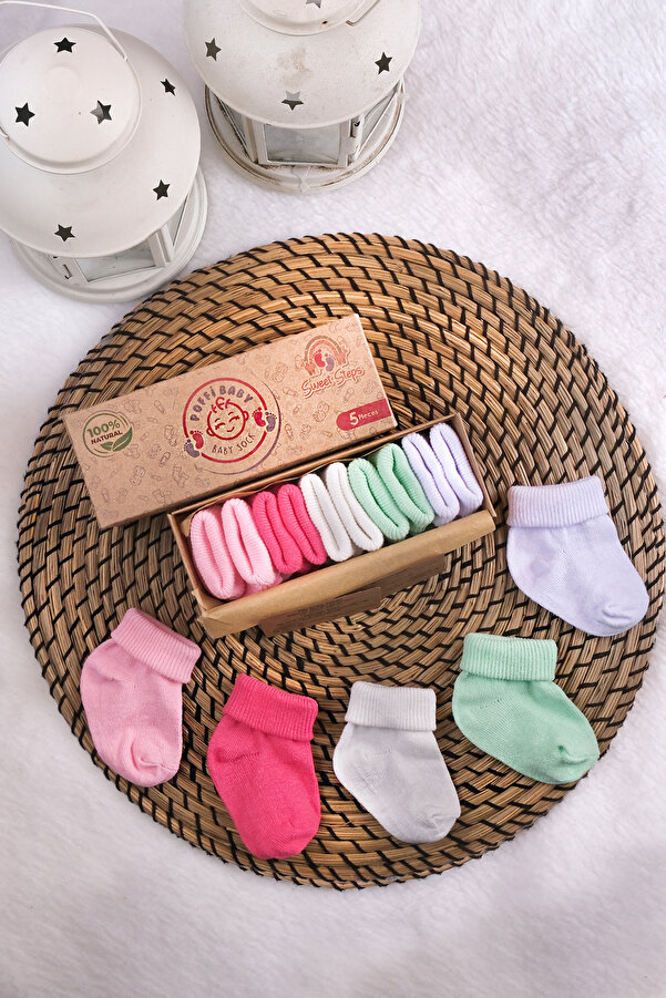 poffibaby Organik Pamuk Unisex 5'li Kutulu Premium Yenidoğan Bebek Çorabı