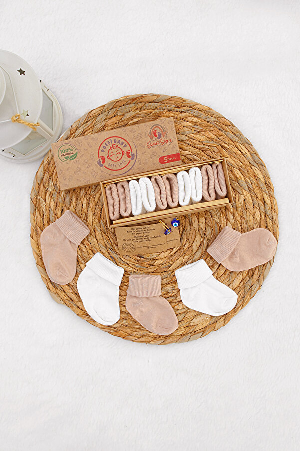 poffibaby Organik Pamuk Unisex 5'li Kutulu Premium Yenidoğan Bebek Çorabı