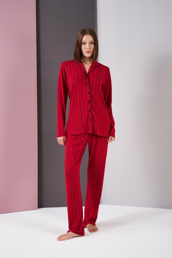 PJS-Women's Buttoned Houndstooth Striped Long Sleeve Pajama Set 1