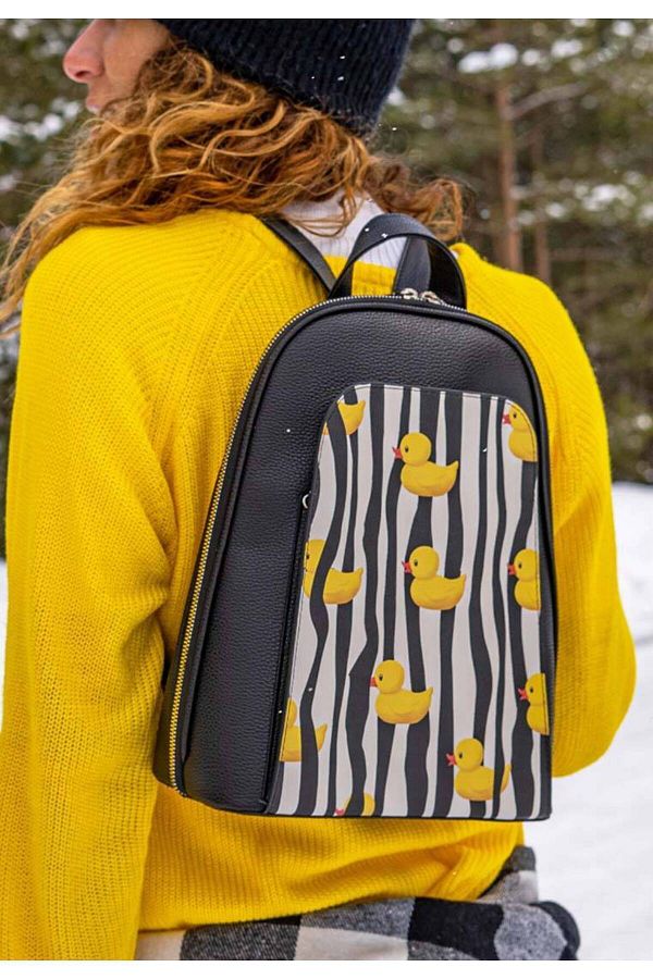 Dogo-Women's Vegan Leather Black Backpack - Ducky Design 1